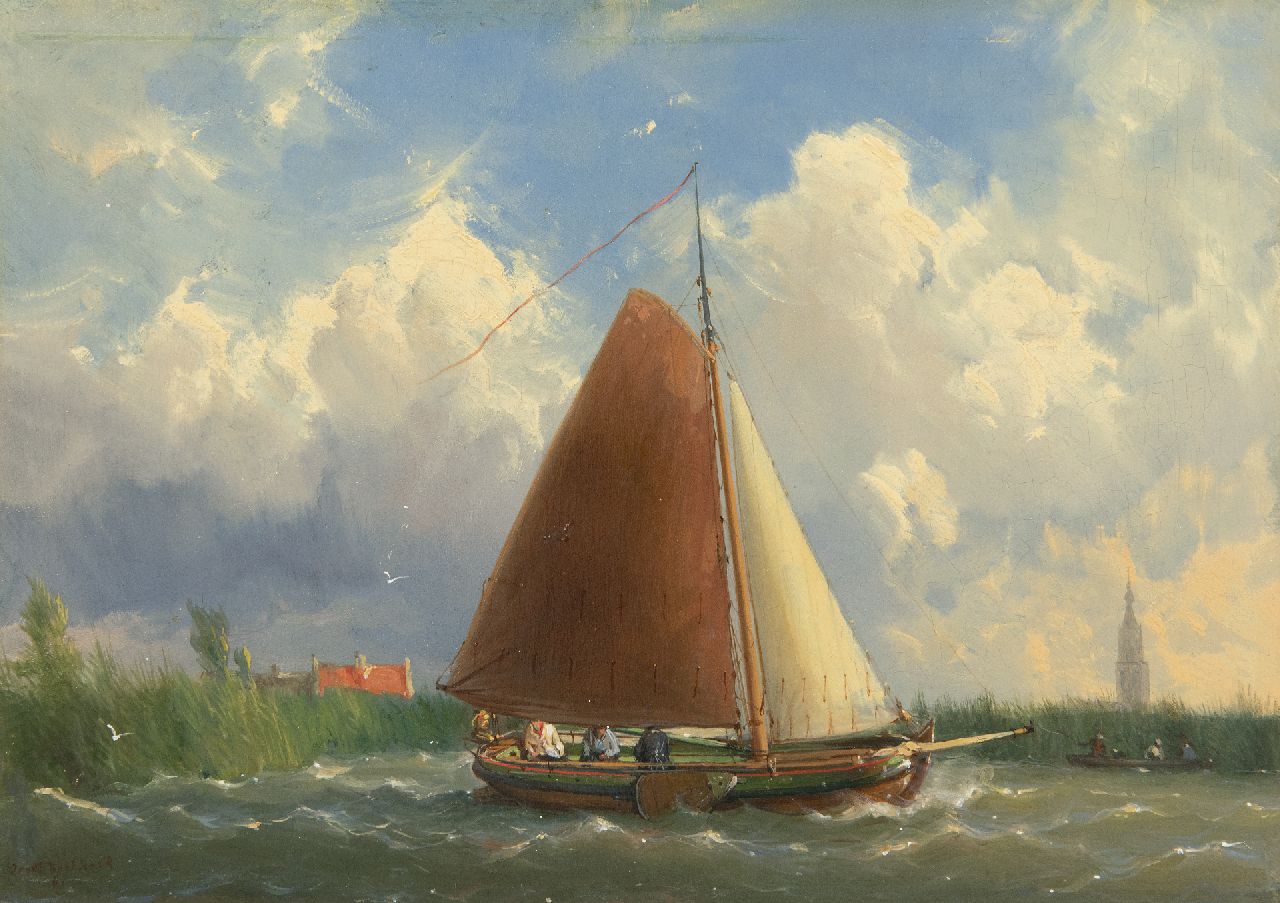 Koekkoek J.H.B. | Johannes Hermanus Barend 'Jan H.B.' Koekkoek | Schilderijen te koop aangeboden | Pleziervaart op een Fries jacht, olieverf op paneel 23,1 x 32,6 cm, gesigneerd linksonder en gedateerd '61 Koekkoek J.H.B. | Johannes Hermanus Barend 'Jan H.B.' Koekkoek | Schilderijen te koop aangeboden | Pleziervaart op een Fries jacht, olieverf op paneel 23,1 x 32,6 cm, gesigneerd linksonder en gedateerd '61