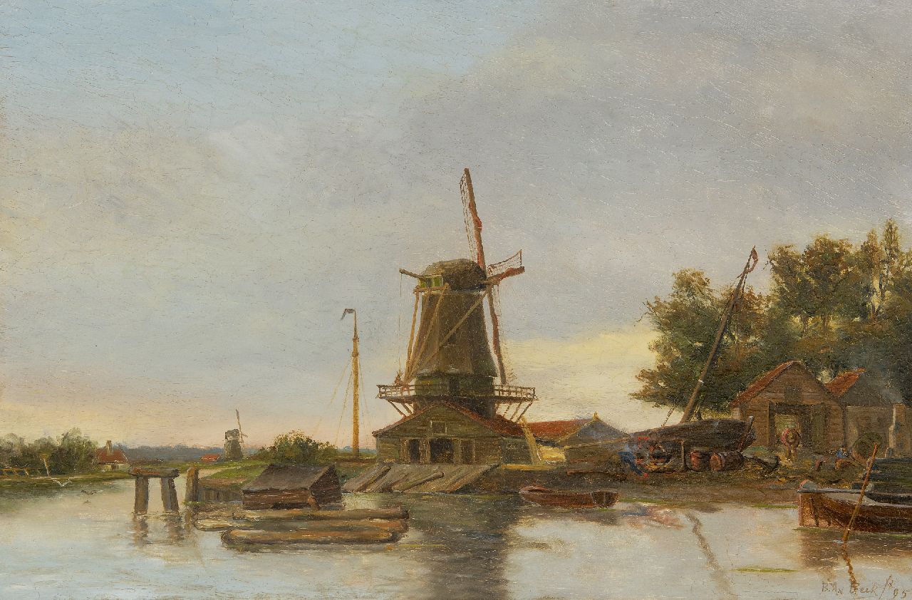 Beek B.A. van | Bernardus Antonie van Beek, Houtzaagmolen en werfje aan het water, olieverf op paneel 38,2 x 57,9 cm, gesigneerd rechtsonder en gedateerd '95 Beek B.A. van | Bernardus Antonie van Beek, Houtzaagmolen en werfje aan het water, olieverf op paneel 38,2 x 57,9 cm, gesigneerd rechtsonder en gedateerd '95
