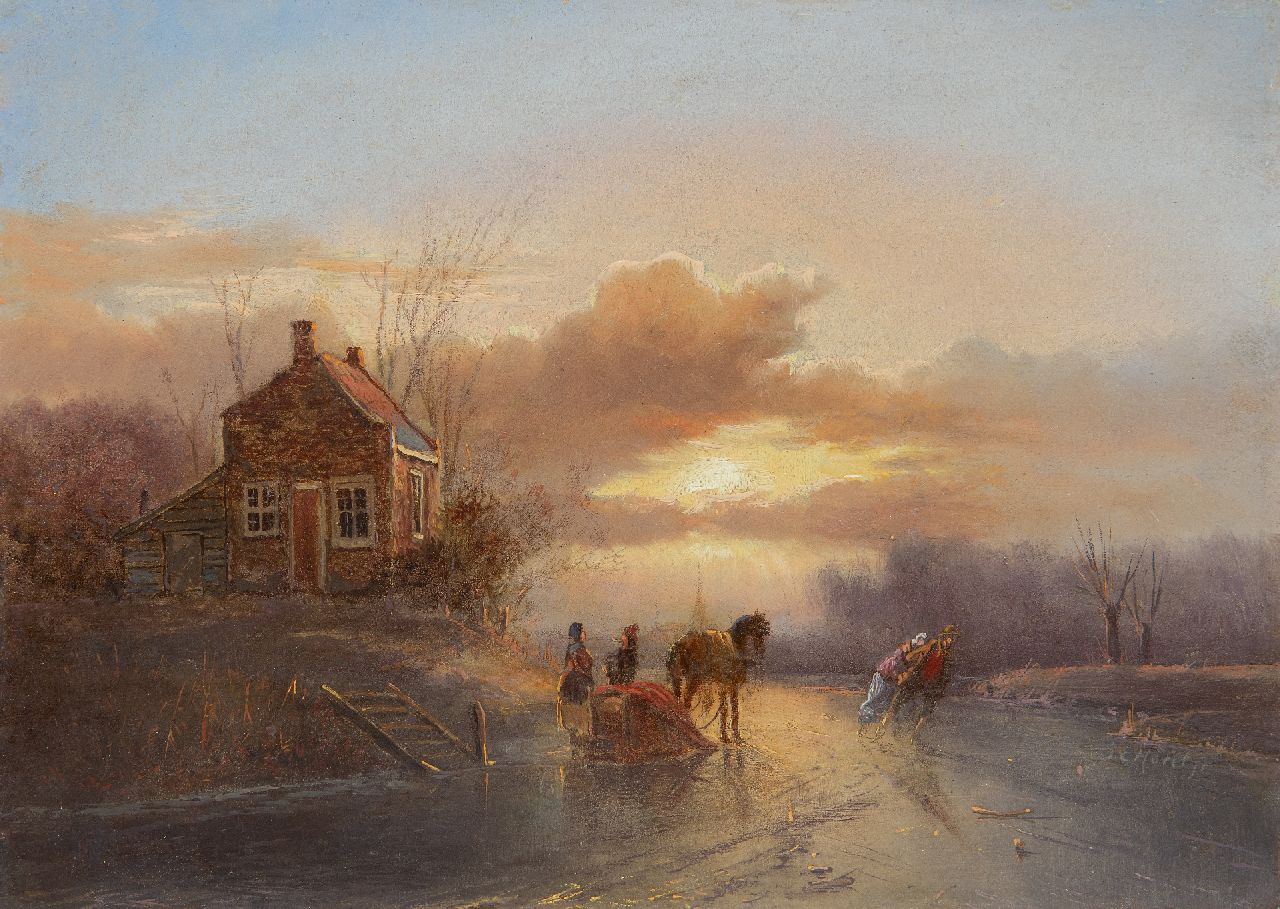 Morel II J.E. | Jan Evert Morel II | Schilderijen te koop aangeboden | Paardenslee en schaatsers bij zonsondergang, olieverf op paneel 20,2 x 28,5 cm, gesigneerd rechtsonder Morel II J.E. | Jan Evert Morel II | Schilderijen te koop aangeboden | Paardenslee en schaatsers bij zonsondergang, olieverf op paneel 20,2 x 28,5 cm, gesigneerd rechtsonder