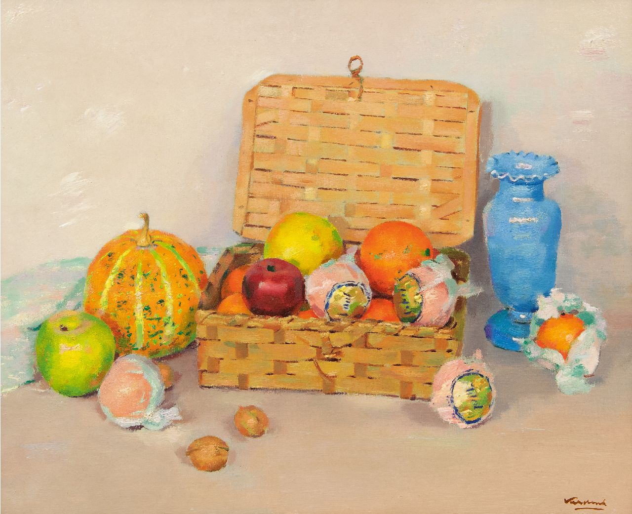 Verdonk F.W. | Frederik Willem 'Frits' Verdonk | Schilderijen te koop aangeboden | Stilleven met fruitmandje, olieverf op doek op board 46,0 x 56,0 cm, gesigneerd rechtsonder Verdonk F.W. | Frederik Willem 'Frits' Verdonk | Schilderijen te koop aangeboden | Stilleven met fruitmandje, olieverf op doek op board 46,0 x 56,0 cm, gesigneerd rechtsonder