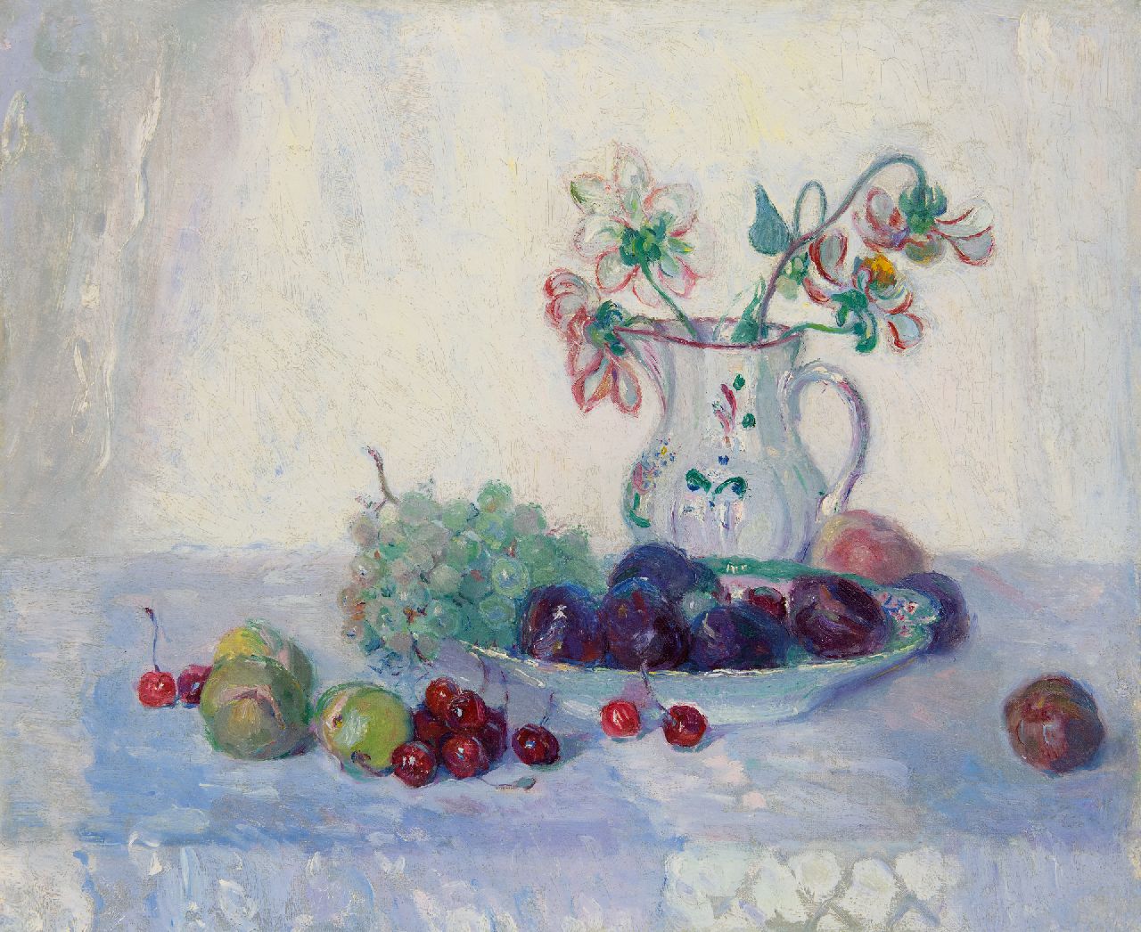 Niekerk M.J. | 'Maurits' Joseph Niekerk, Stilleven met fruit en kan met bloemen, olieverf op doek 46,1 x 55,4 cm, gesigneerd linksonder op doekomslag Niekerk M.J. | 'Maurits' Joseph Niekerk, Stilleven met fruit en kan met bloemen, olieverf op doek 46,1 x 55,4 cm, gesigneerd linksonder op doekomslag