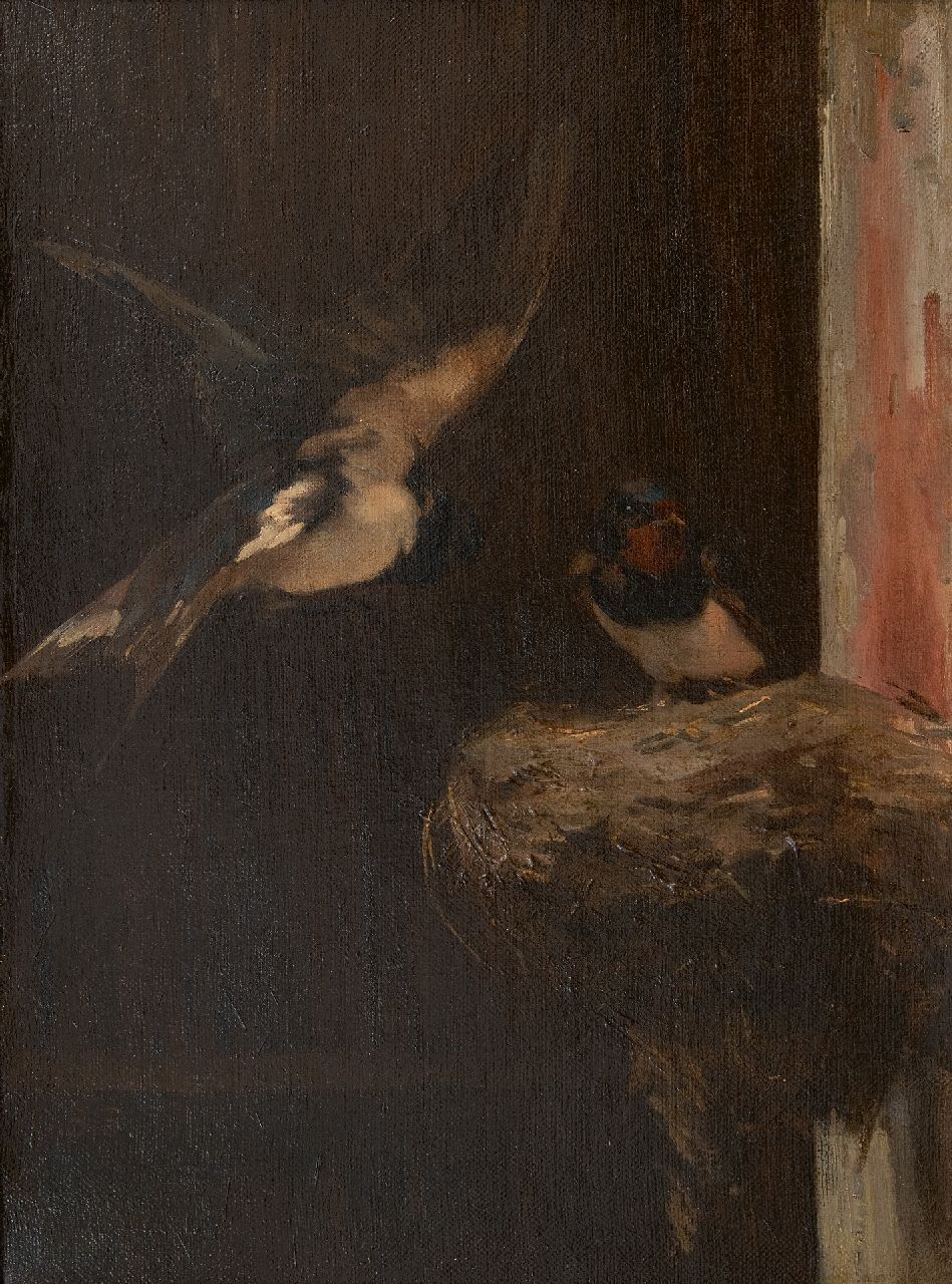 Stortenbeker C.S. | Cornelis Samuel Stortenbeker, Nestelende zwaluwen, olieverf op doek 46,6 x 34,7 cm, gesigneerd linksonder met initialen Stortenbeker C.S. | Cornelis Samuel Stortenbeker, Nestelende zwaluwen, olieverf op doek 46,6 x 34,7 cm, gesigneerd linksonder met initialen
