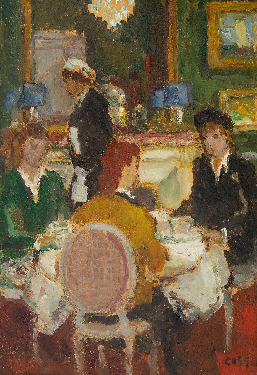 Cosson J.L.M. | Jean Louis 'Marcel' Cosson | Schilderijen te koop aangeboden | In het restaurant, olieverf op schildersboard 34,8 x 24,1 cm, gesigneerd rechtsonder Cosson J.L.M. | Jean Louis 'Marcel' Cosson | Schilderijen te koop aangeboden | In het restaurant, olieverf op schildersboard 34,8 x 24,1 cm, gesigneerd rechtsonder