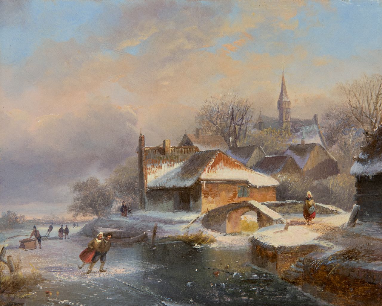 Roosenboom N.J.  | Nicolaas Johannes Roosenboom, Schaatsers bij een besneeuwd dorpje, olieverf op paneel 18,5 x 23,0 cm, gesigneerd middenonder