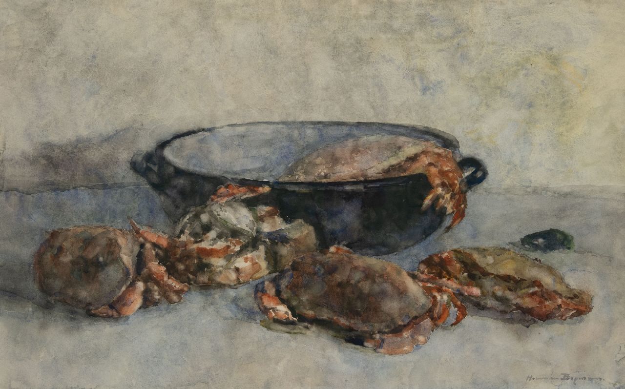 Bogman jr. H.A.C.  | Hermanus Adrianus Charles 'Herman' Bogman jr. | Aquarellen en tekeningen te koop aangeboden | Stilleven met krabben, aquarel op papier 47,2 x 75,2 cm, gesigneerd rechtsonder