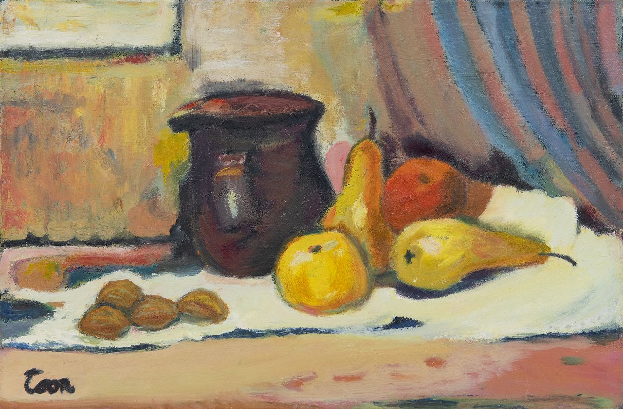 Hermans A.G.T.  | Antoine Gerard Theodore 'Toon' Hermans, Stilleven met kan en peren, olieverf op doek 40,2 x 60,0 cm, gesigneerd linksonder