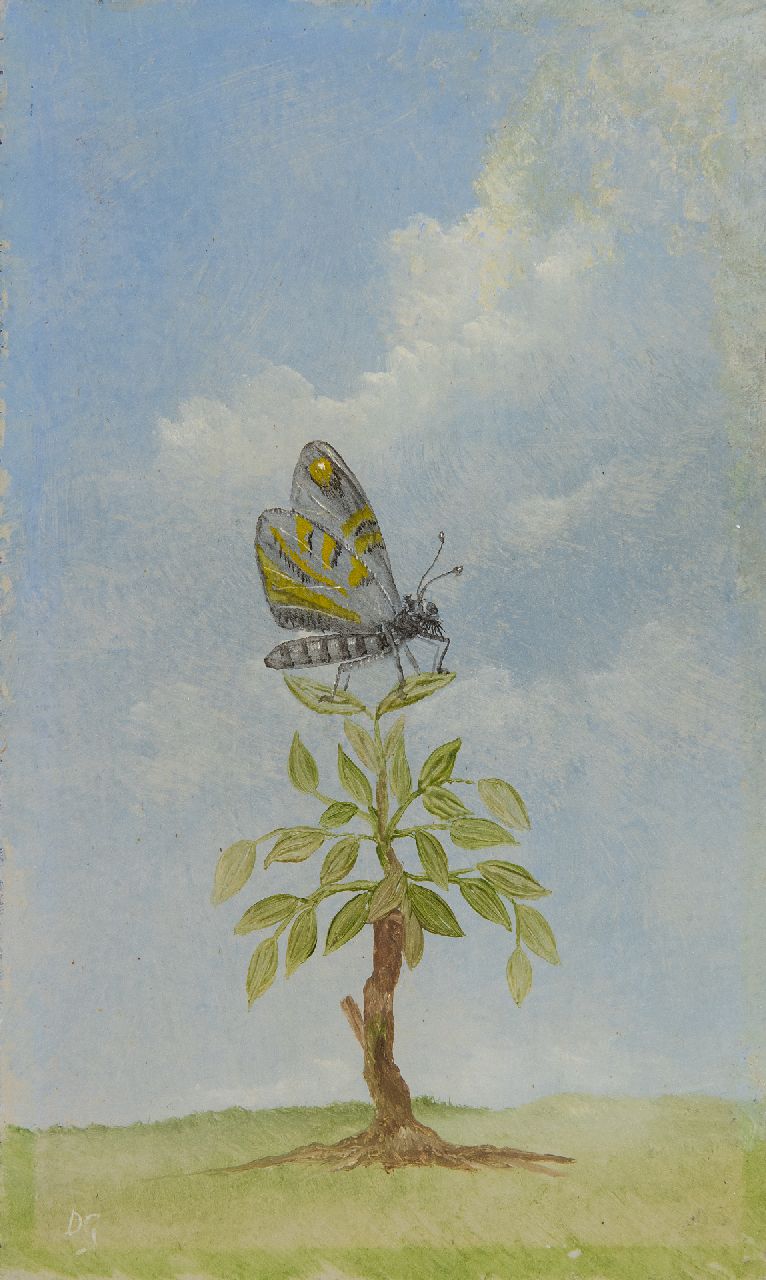 Darius Gunneweg | Vlinder, olieverf op board, 15,1 x 9,0 cm, gesigneerd l.o. met initialen en verso voluit Darius Gunneweg | Vlinder, olieverf op board, 15,1 x 9,0 cm, gesigneerd l.o. met initialen en verso voluit