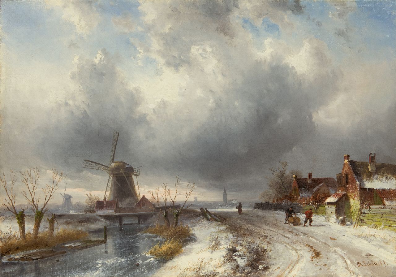 Leickert C.H.J. | 'Charles' Henri Joseph Leickert, Weids winterlandschap met figuren op besneeuwd pad, olieverf op doek 44,0 x 62,7 cm, gesigneerd rechtsonder Leickert C.H.J. | 'Charles' Henri Joseph Leickert, Weids winterlandschap met figuren op besneeuwd pad, olieverf op doek 44,0 x 62,7 cm, gesigneerd rechtsonder