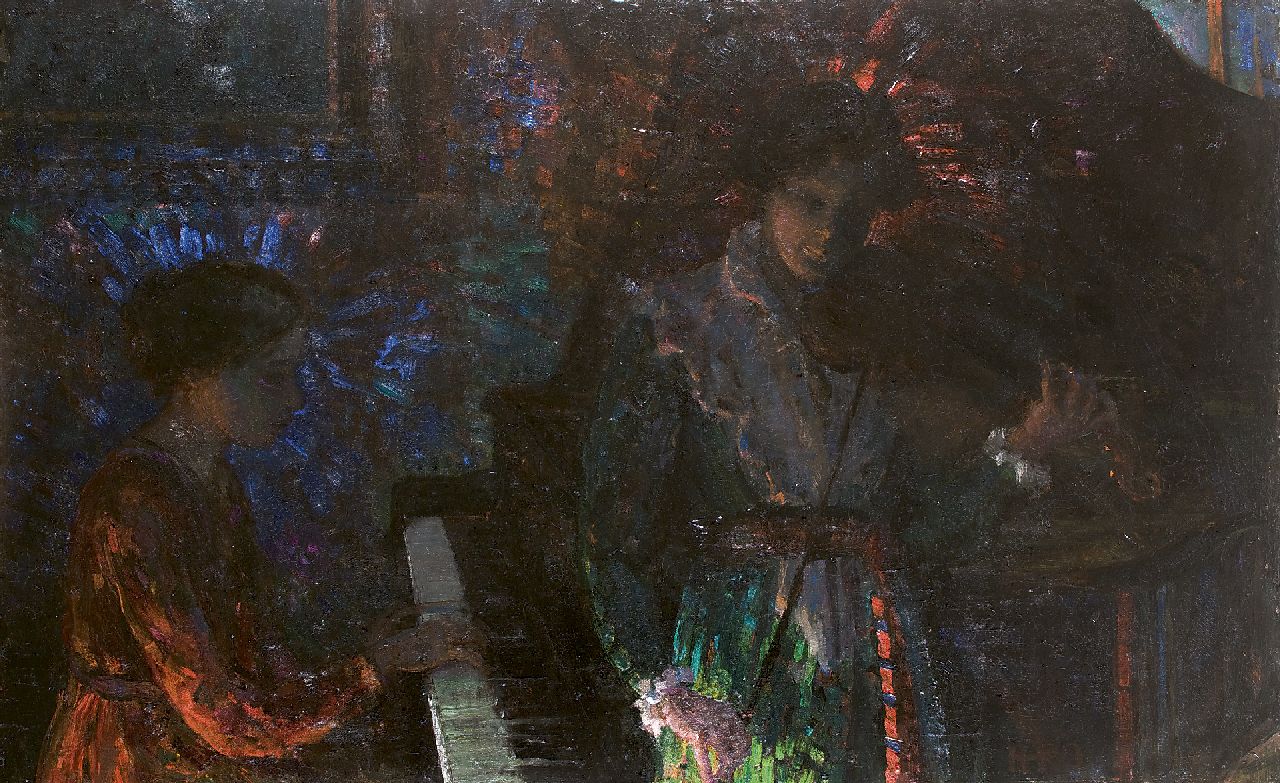 Kamerlingh Onnes H.H. | 'Harm' Henrick Kamerlingh Onnes, Musicerende zusters van de schilder, olieverf op doek 100,3 x 160,4 cm, gesigneerd rechtsonder met monogram en te dateren ca. 1923 Kamerlingh Onnes H.H. | 'Harm' Henrick Kamerlingh Onnes, Musicerende zusters van de schilder, olieverf op doek 100,3 x 160,4 cm, gesigneerd rechtsonder met monogram en te dateren ca. 1923