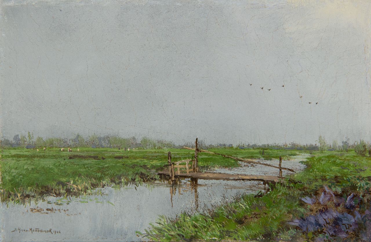 Mastenbroek J.H. van | Johan Hendrik van Mastenbroek, Het plankje over de sloot, olieverf op paneel 16,2 x 24,7 cm, gesigneerd linksonder en gedateerd 1942 Mastenbroek J.H. van | Johan Hendrik van Mastenbroek, Het plankje over de sloot, olieverf op paneel 16,2 x 24,7 cm, gesigneerd linksonder en gedateerd 1942