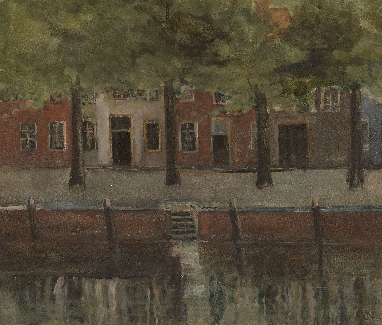 Nieweg J. | Jakob Nieweg | Aquarellen en tekeningen te koop aangeboden | Stadskade met weerspiegeling van huizen in het water, aquarel op papier 27,0 x 32,0 cm, gesigneerd rechtsonder met monogram Nieweg J. | Jakob Nieweg | Aquarellen en tekeningen te koop aangeboden | Stadskade met weerspiegeling van huizen in het water, aquarel op papier 27,0 x 32,0 cm, gesigneerd rechtsonder met monogram