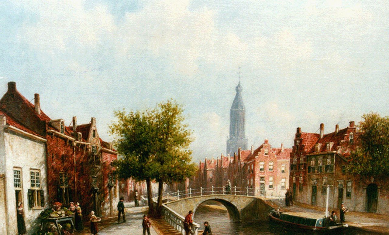 Vertin P.G. | Petrus Gerardus Vertin, Zonovergoten stadsgracht te Enkhuizen met figuren, olieverf op doek 42,7 x 55,0 cm, gesigneerd linksonder en gedateerd '89 Vertin P.G. | Petrus Gerardus Vertin, Zonovergoten stadsgracht te Enkhuizen met figuren, olieverf op doek 42,7 x 55,0 cm, gesigneerd linksonder en gedateerd '89