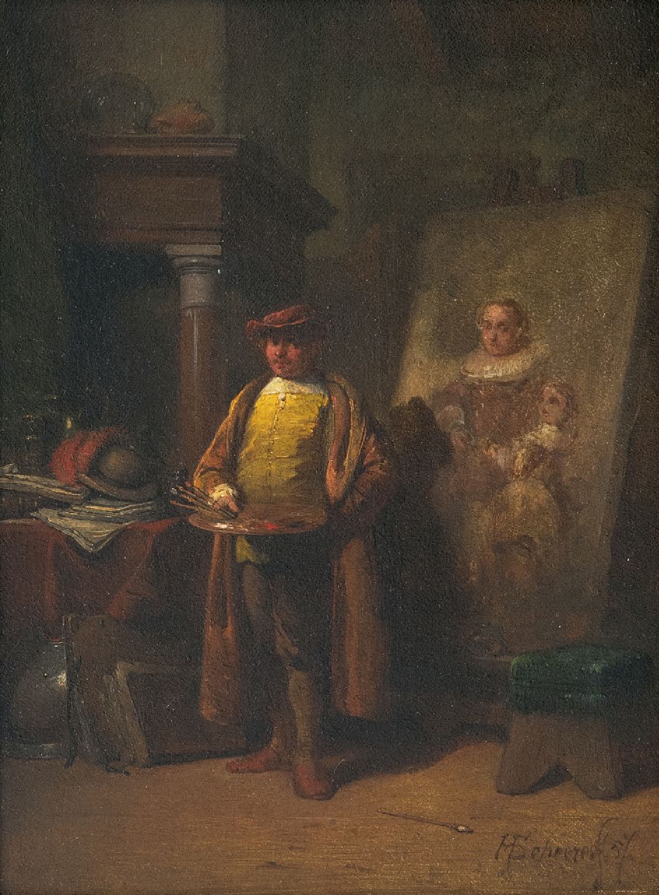 Scheeres H.J. | Hendricus Johannes Scheeres | Schilderijen te koop aangeboden | Rembrandt in zijn atelier, olieverf op paneel 20,5 x 15,0 cm, gesigneerd rechtsonder en gedateerd '57 Scheeres H.J. | Hendricus Johannes Scheeres | Schilderijen te koop aangeboden | Rembrandt in zijn atelier, olieverf op paneel 20,5 x 15,0 cm, gesigneerd rechtsonder en gedateerd '57