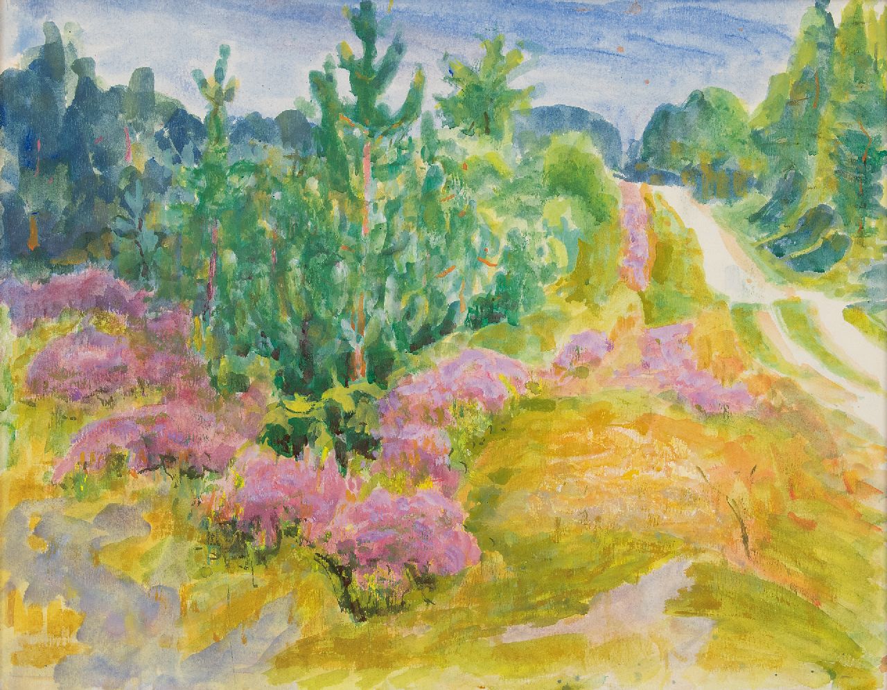 Altink J. | Jan Altink, Landweg door dennenbos en bloeiende heide, aquarel op papier 54,9 x 69,8 cm Altink J. | Jan Altink, Landweg door dennenbos en bloeiende heide, aquarel op papier 54,9 x 69,8 cm