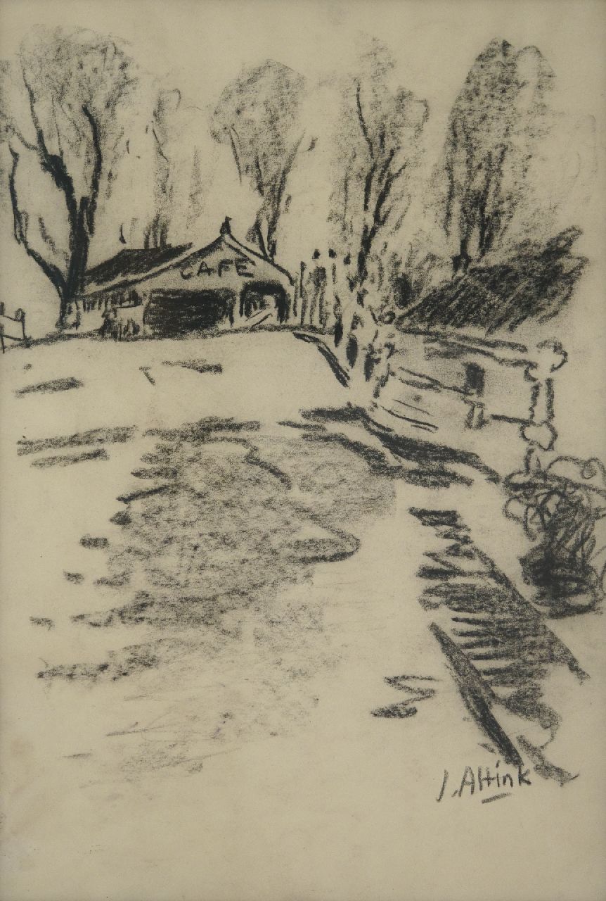 Altink J.  | Jan Altink, Café bij de brug in Steentil (behoort bij gouache uit 1956 inv.nr. 20733), houtskool op papier 48,5 x 33,5 cm, gesigneerd rechtsonder en te dateren ca. '56