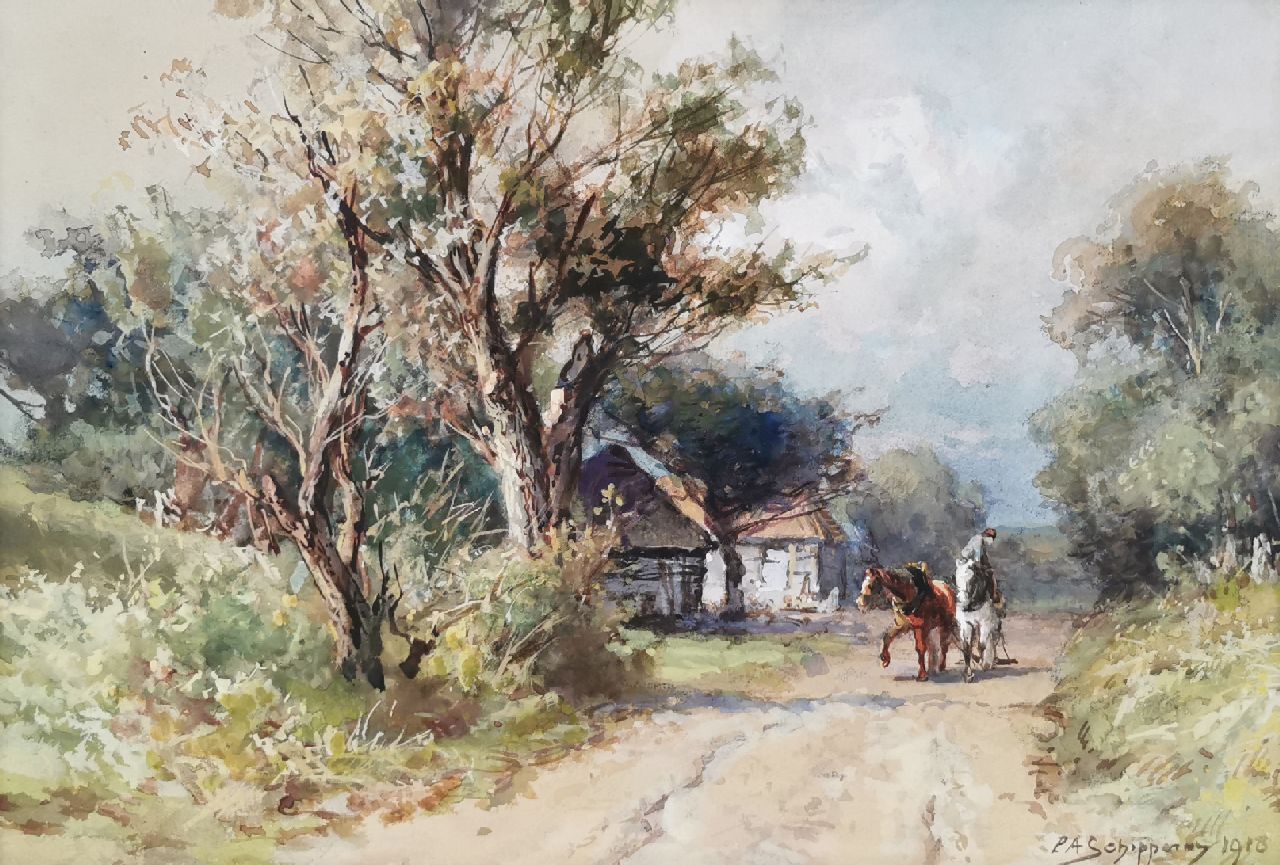 Schipperus P.A. | Pieter Adrianus 'Piet' Schipperus, Boer met trekpaarden op een bospad, aquarel op papier 24,5 x 35,0 cm, gesigneerd rechtsonder en gedateerd 1918 Schipperus P.A. | Pieter Adrianus 'Piet' Schipperus, Boer met trekpaarden op een bospad, aquarel op papier 24,5 x 35,0 cm, gesigneerd rechtsonder en gedateerd 1918