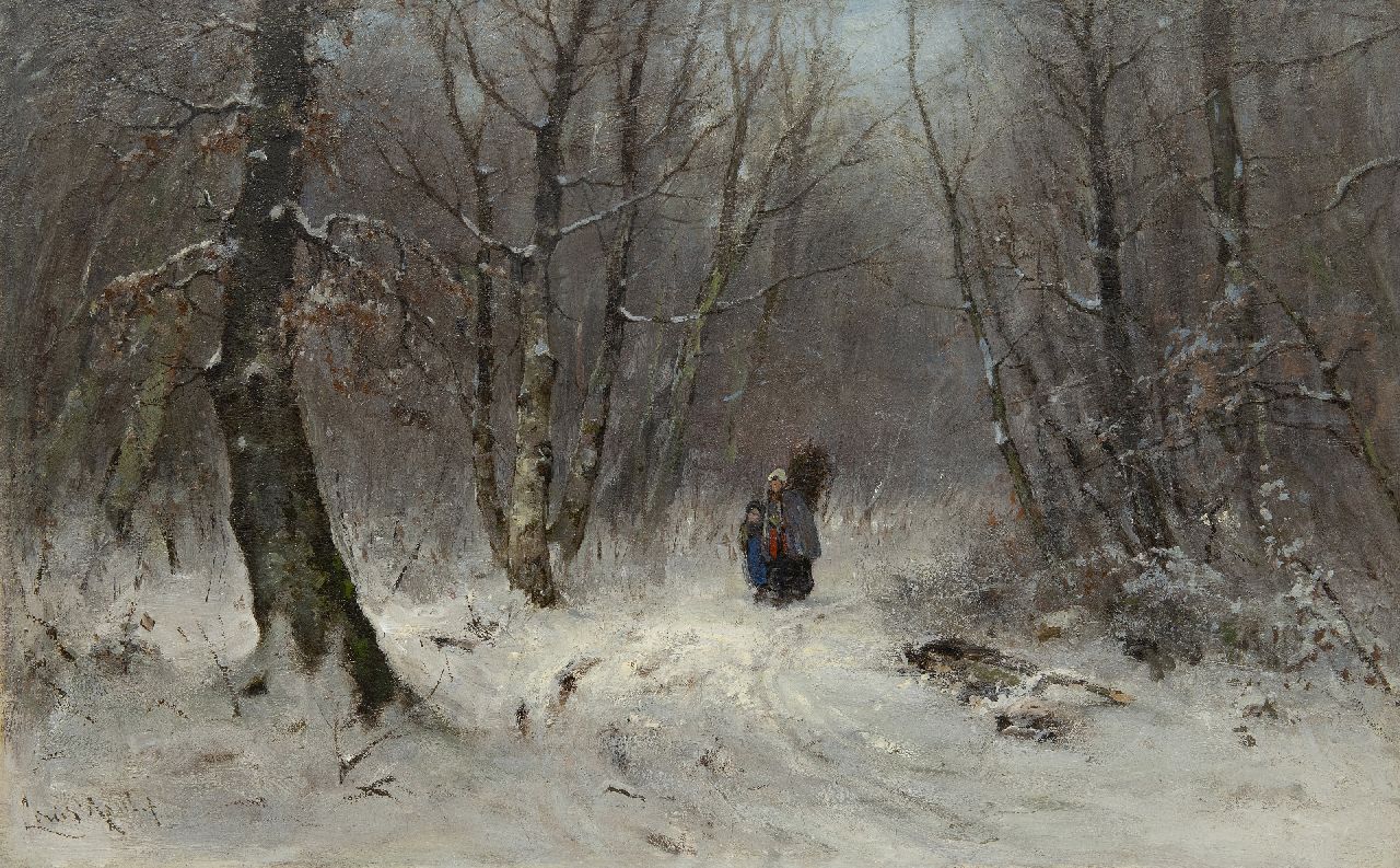 Apol L.F.H. | Lodewijk Franciscus Hendrik 'Louis' Apol, Houtsprokkelaars in besneeuwd bos, olieverf op doek 45,8 x 70,7 cm, gesigneerd linksonder en te dateren 1873-1875 Apol L.F.H. | Lodewijk Franciscus Hendrik 'Louis' Apol, Houtsprokkelaars in besneeuwd bos, olieverf op doek 45,8 x 70,7 cm, gesigneerd linksonder en te dateren 1873-1875