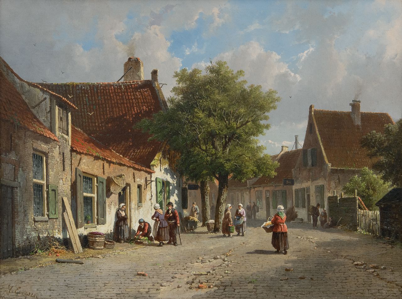 Eversen A. | Adrianus Eversen, Zonnig dorpsgezicht met figuren, olieverf op paneel 33,0 x 43,9 cm, gesigneerd linksonder Eversen A. | Adrianus Eversen, Zonnig dorpsgezicht met figuren, olieverf op paneel 33,0 x 43,9 cm, gesigneerd linksonder