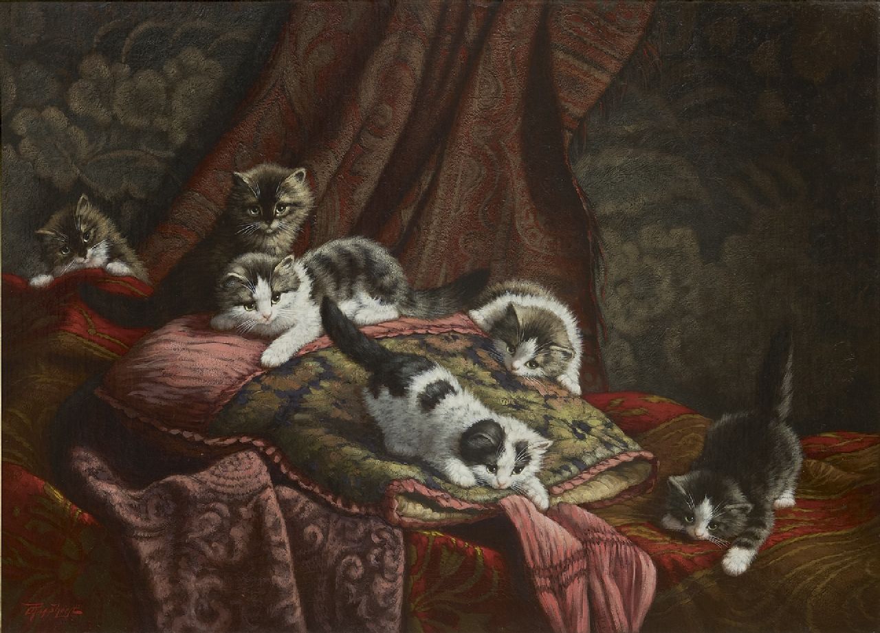 Raaphorst C.  | Cornelis Raaphorst, Zes kittens spelend in een interieur, olieverf op doek 60,1 x 80,3 cm, gesigneerd linksonder