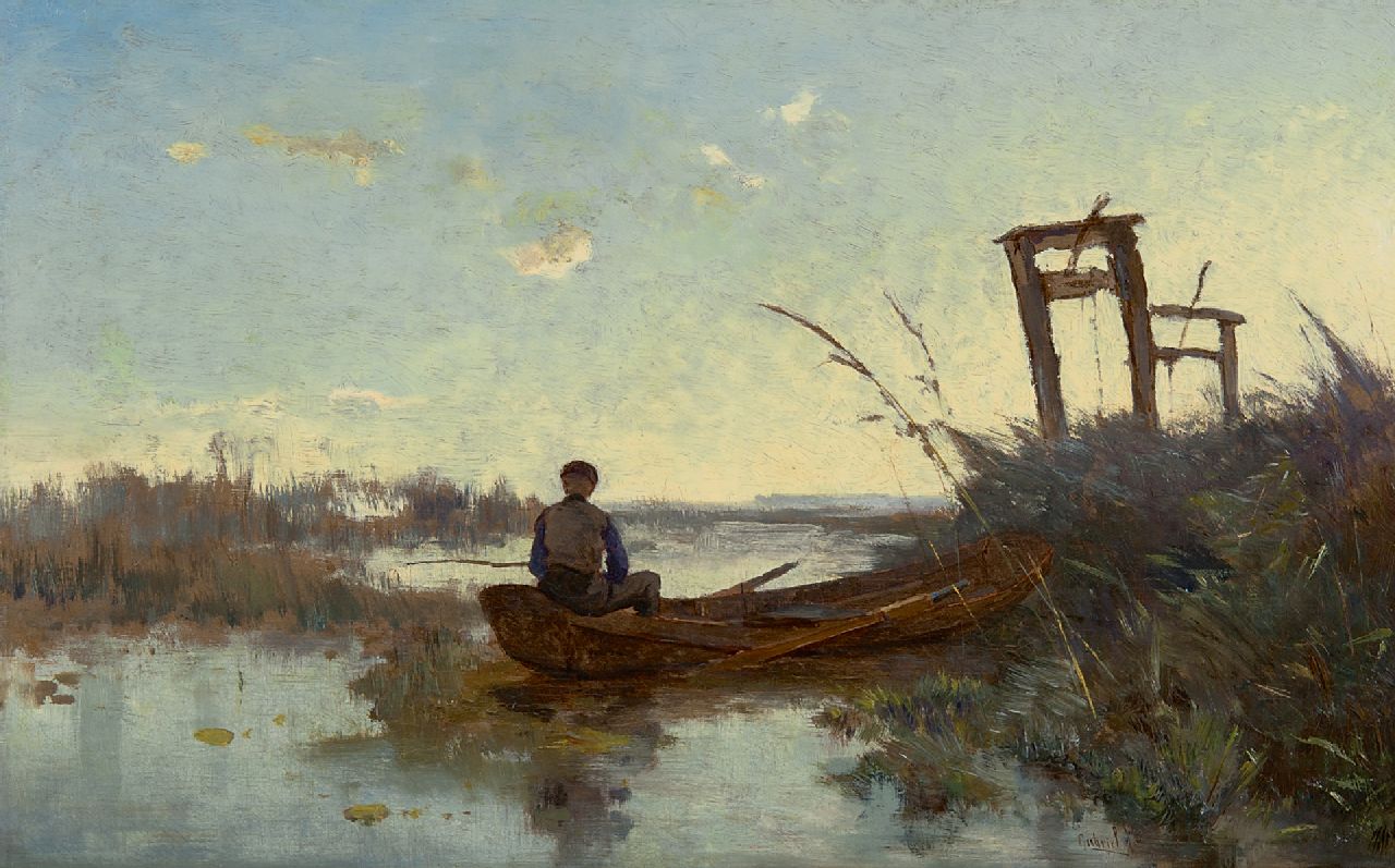 Gabriel P.J.C.  | Paul Joseph Constantin 'Constan(t)' Gabriel, Visser bij viskaar in veenlandschap, olieverf op doek 29,0 x 46,4 cm, gesigneerd rechtsonder en te dateren ca. 1875