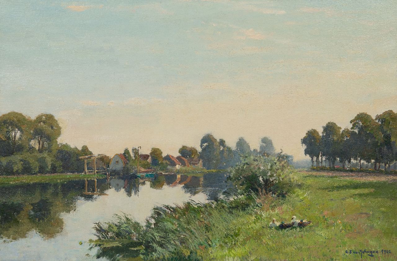 Schagen G.F. van | Gerbrand Frederik van Schagen | Schilderijen te koop aangeboden | Zomer langs de rivier, olieverf op doek 59,7 x 90,2 cm, gesigneerd rechtsonder en gedateerd 1942 Schagen G.F. van | Gerbrand Frederik van Schagen | Schilderijen te koop aangeboden | Zomer langs de rivier, olieverf op doek 59,7 x 90,2 cm, gesigneerd rechtsonder en gedateerd 1942