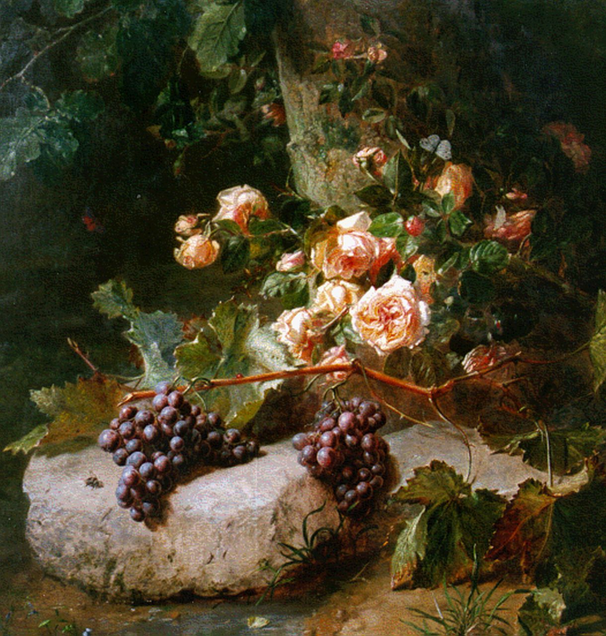 Haanen A.J. | 'Adriana' Johanna Haanen, Stilleven met rozen en druiven, olieverf op doek 102,0 x 88,3 cm, gesigneerd rechtsonder Haanen A.J. | 'Adriana' Johanna Haanen, Stilleven met rozen en druiven, olieverf op doek 102,0 x 88,3 cm, gesigneerd rechtsonder