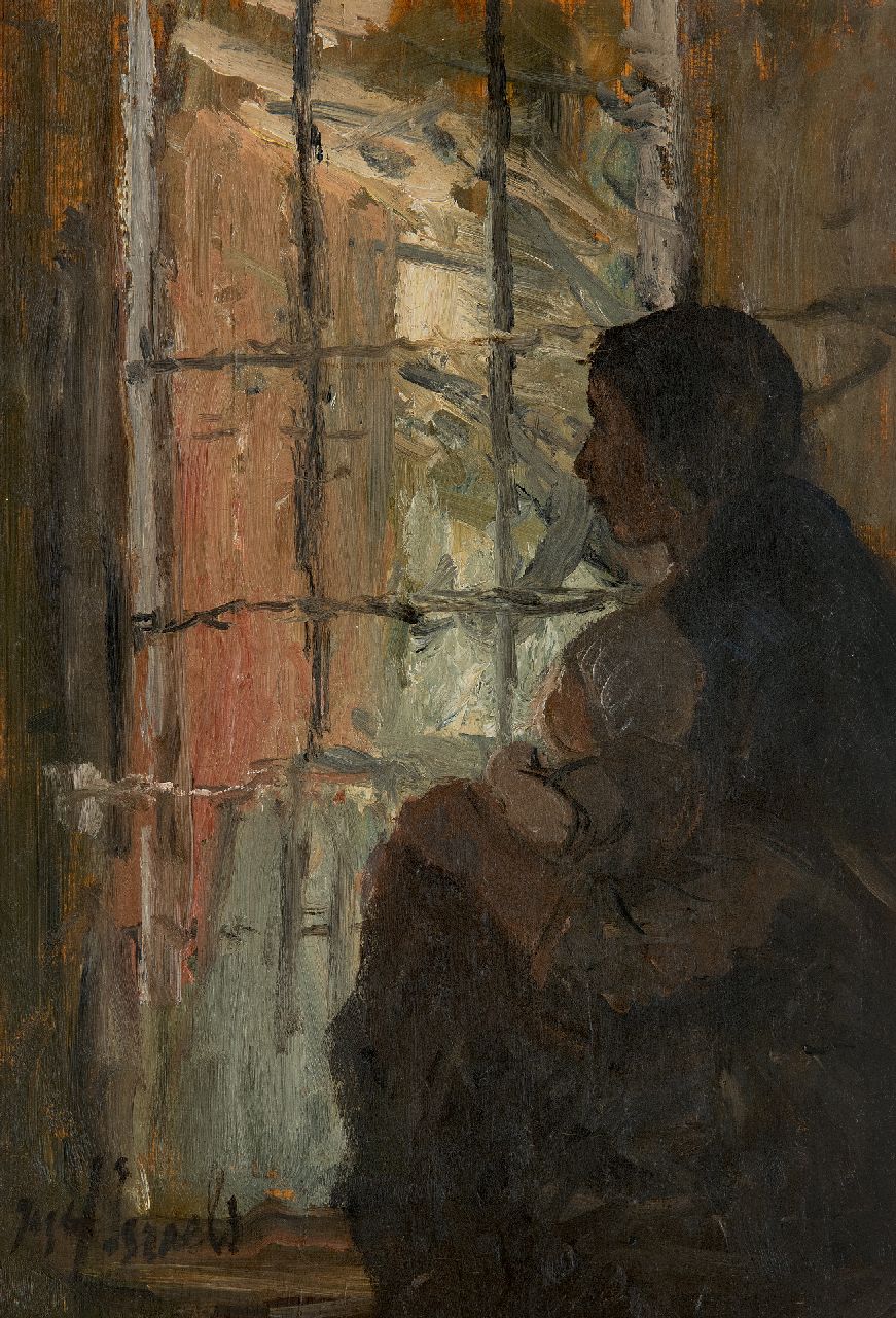 Israëls J.  | Jozef Israëls, Moeder en kind bij het raam, olieverf op paneel 38,6 x 27,1 cm, gesigneerd linksonder