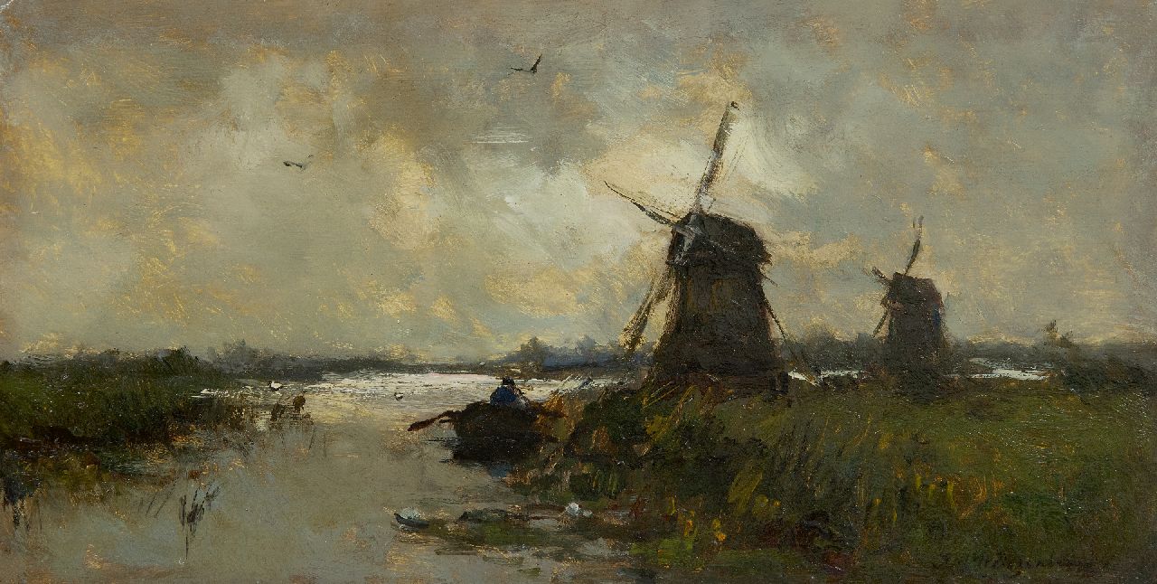Weissenbruch H.J.  | Hendrik Johannes 'J.H.' Weissenbruch, Molens in een polderlandschap, olieverf op paneel 16,9 x 33,0 cm, gesigneerd rechtsonder en te dateren jaren 90