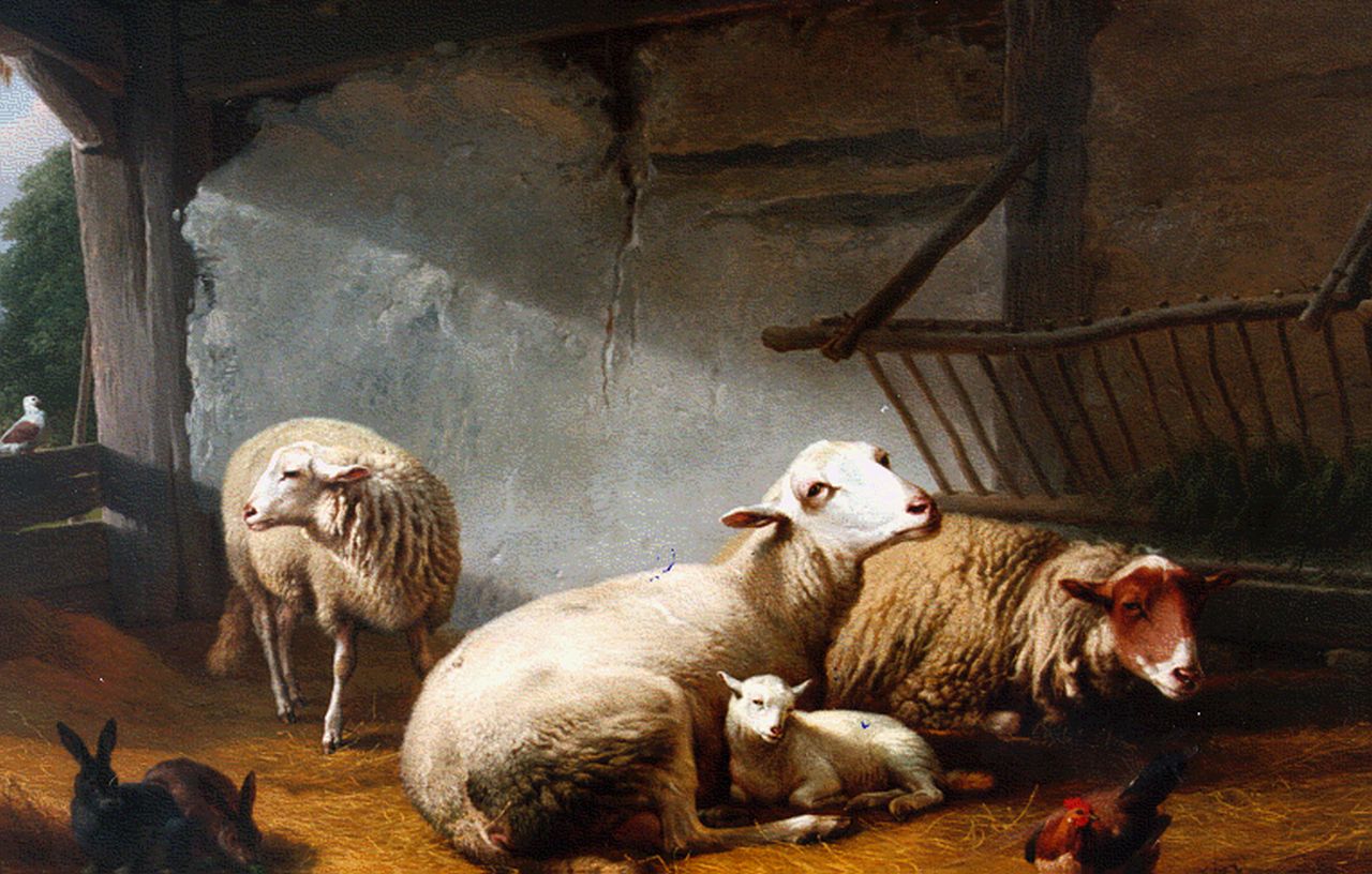 Verboeckhoven E.J.  | Eugène Joseph Verboeckhoven, Stalinterieur, olieverf op paneel 58,6 x 81,0 cm, gesigneerd rechtsboven en gedateerd 1859