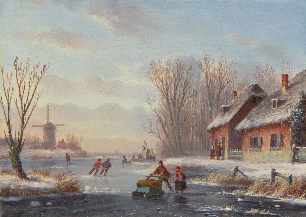 Ahrendts C.E.  | Carl Eduard Ahrendts, IJsgezicht met koek-en-zopietent, olieverf op paneel 12,9 x 17,8 cm, gesigneerd linksonder