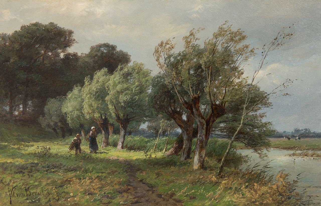 Borselen J.W. van | Jan Willem van Borselen, Hout sprokkelen op het pad langs de vaart, olieverf op paneel 20,8 x 31,7 cm, gesigneerd linksonder