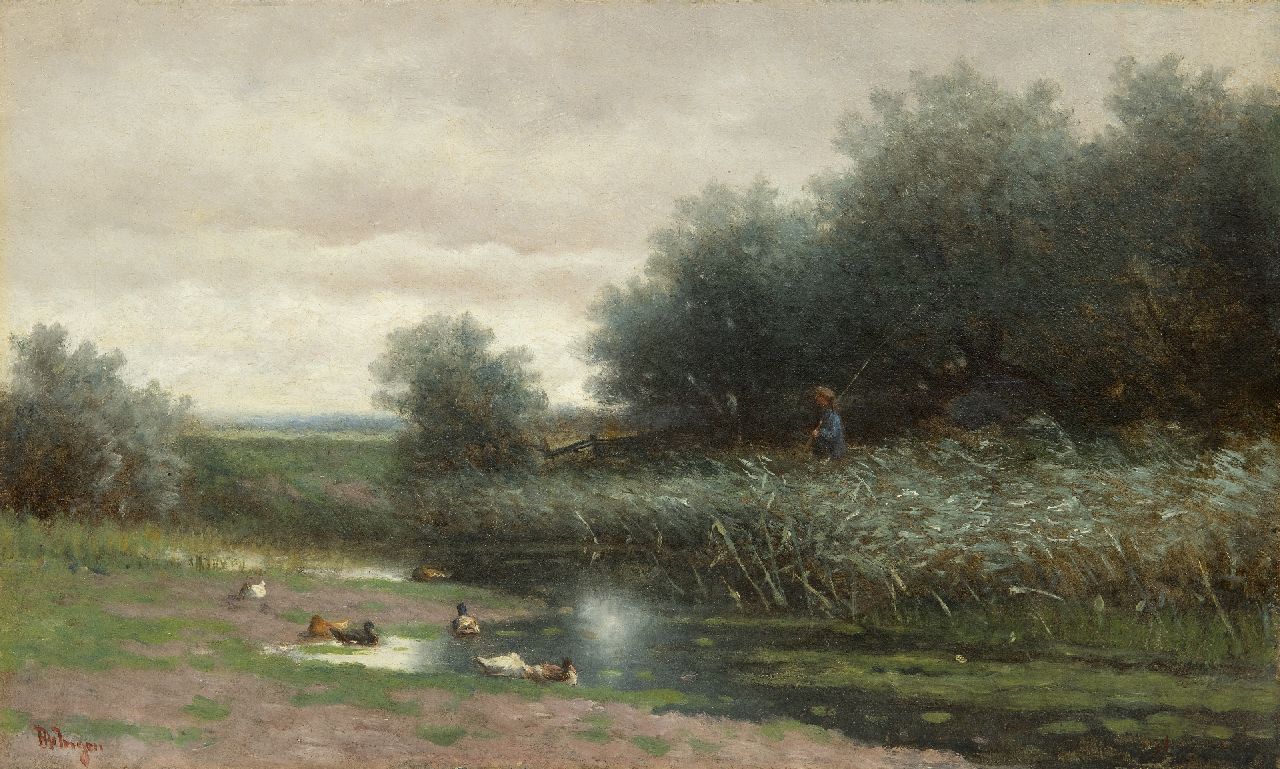 Ingen H.A. van | Hendrikus Alexander van Ingen | Schilderijen te koop aangeboden | Plaslandschap met visser, olieverf op doek 30,7 x 50,2 cm, gesigneerd linksonder