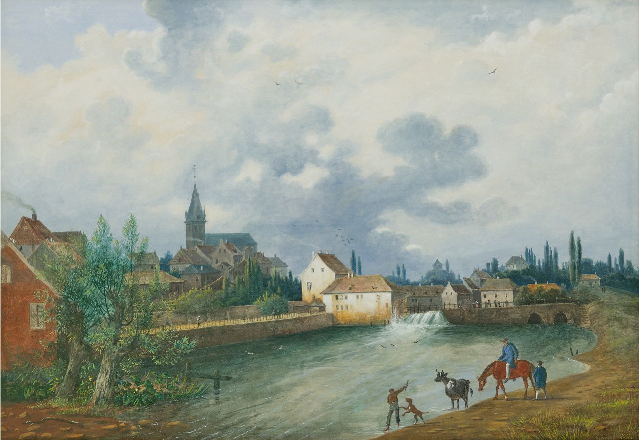 Henri Knip | Gezicht op een stad met snelstromende rivier (mogelijk Zwitserland), gouache op papier, 49,5 x 72,7 cm, gesigneerd r.o. Henri Knip | Gezicht op een stad met snelstromende rivier (mogelijk Zwitserland), gouache op papier, 49,5 x 72,7 cm, gesigneerd r.o.
