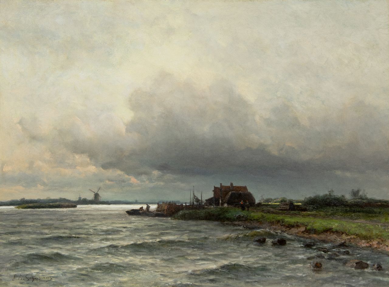 Schipperus P.A.  | Pieter Adrianus 'Piet' Schipperus | Schilderijen te koop aangeboden | Rivier onder Hollandse wolkenlucht, olieverf op doek 60,5 x 80,5 cm, gesigneerd linksonder en op resten van etiket op spieraam