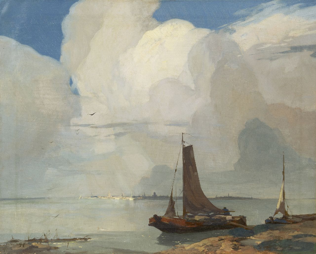 Hoff A.J. van 't | Adrianus Johannes 'Adriaan' van 't Hoff | Schilderijen te koop aangeboden | Vissersschepen aan de waterkant, een stad in de verte, olieverf op doek 60,2 x 75,5 cm, gesigneerd linksonder en gedateerd 1927