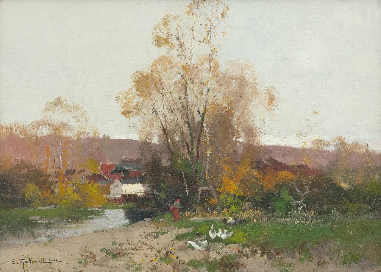 Galien-Laloue E.  | Eugène Galien-Laloue, Herfstlandschap met ganzenhoedster, olieverf op doek 33,3 x 46,0 cm, gesigneerd linksonder
