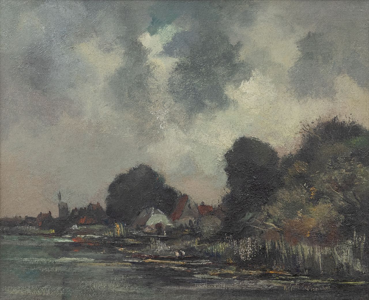 Markus A. | Antoon Markus, Dorpje aan het water, olieverf op doek 38,3 x 47,4 cm, gesigneerd rechtsonder en gedateerd 1915 'Oosterbeek' Markus A. | Antoon Markus, Dorpje aan het water, olieverf op doek 38,3 x 47,4 cm, gesigneerd rechtsonder en gedateerd 1915 'Oosterbeek'