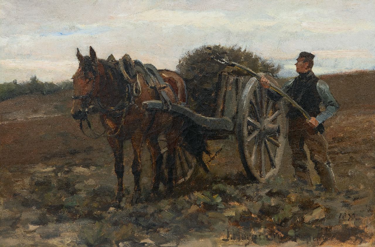 Hoynck van Papendrecht J.  | Jan Hoynck van Papendrecht | Schilderijen te koop aangeboden | Boer met paard en kar op het veld, olieverf op doek 32,6 x 48,9 cm, gesigneerd rechtsonder en op etiket op spieraam en gedateerd 1890