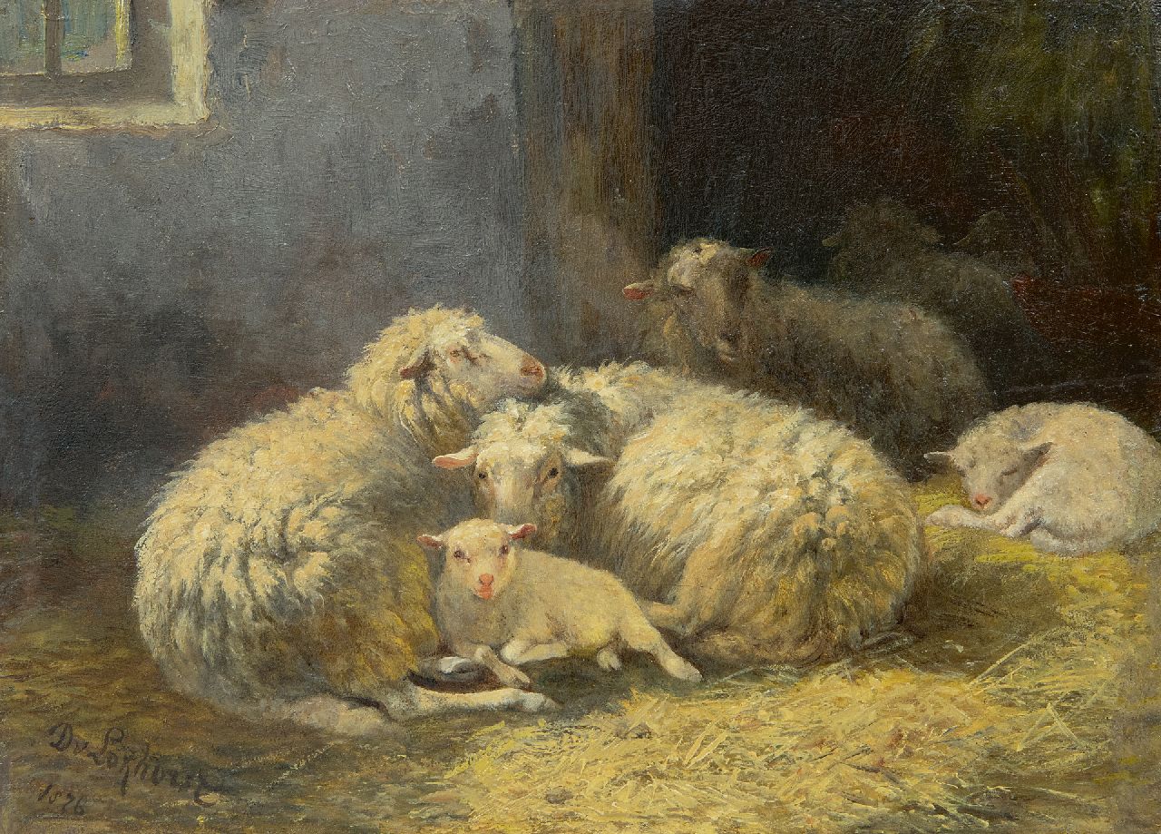 Lokhorst D. van | Dirk van Lokhorst, Schapen met lammeren in een stal, olieverf op paneel 18,0 x 24,7 cm, gesigneerd linksonder en gedateerd 1876 Lokhorst D. van | Dirk van Lokhorst, Schapen met lammeren in een stal, olieverf op paneel 18,0 x 24,7 cm, gesigneerd linksonder en gedateerd 1876
