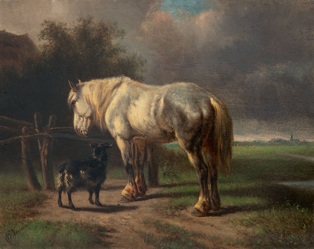 Verschuur W. | Wouterus Verschuur, Paard en bokje bij een hek, olieverf op paneel 23,0 x 29,2 cm, gesigneerd linksonder Verschuur W. | Wouterus Verschuur, Paard en bokje bij een hek, olieverf op paneel 23,0 x 29,2 cm, gesigneerd linksonder