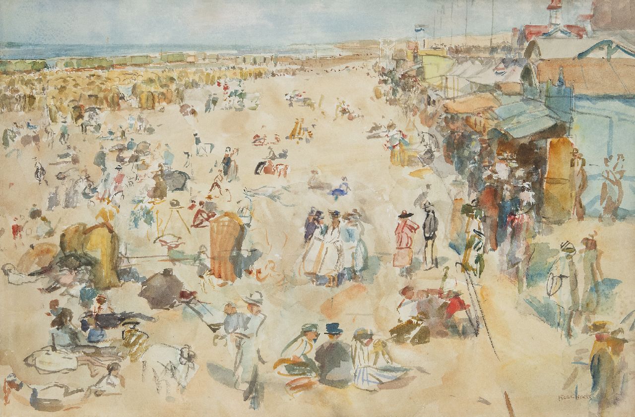 Israels I.L.  | 'Isaac' Lazarus Israels, Een drukke dag op het strand van Scheveningen, aquarel op papier 33,7 x 50,5 cm, gesigneerd rechtsonder en te dateren ca. 1920