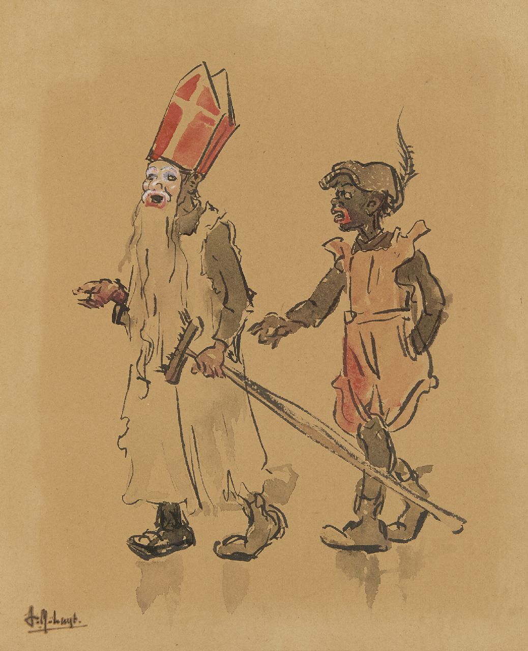 Luijt A.M. | Arie Martinus 'Thies' Luijt | Aquarellen en tekeningen te koop aangeboden | Sinterklaas en Piet, aquarel op papier 26,0 x 21,0 cm, gesigneerd linksonder Luijt A.M. | Arie Martinus 'Thies' Luijt | Aquarellen en tekeningen te koop aangeboden | Sinterklaas en Piet, aquarel op papier 26,0 x 21,0 cm, gesigneerd linksonder