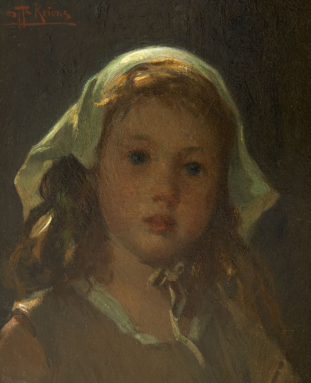 Otto Kriens | Meisjeskopje, olieverf op paneel, 33,0 x 27,2 cm, gesigneerd l.b. Otto Kriens | Meisjeskopje, olieverf op paneel, 33,0 x 27,2 cm, gesigneerd l.b.