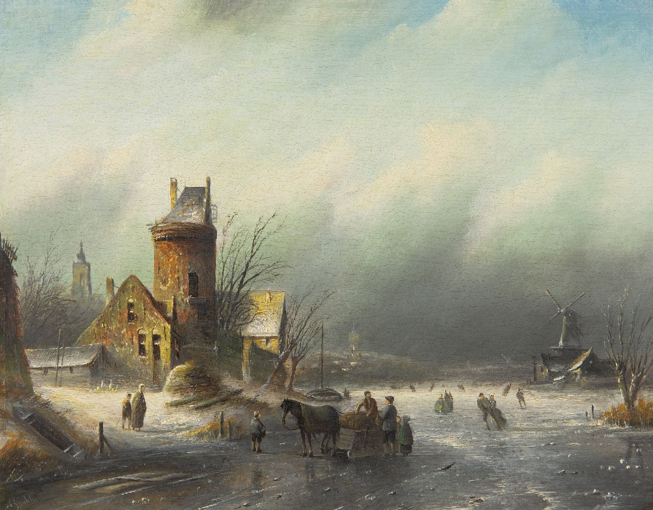 Spohler J.J.C. | Jacob Jan Coenraad Spohler, Winterlandschap met schaatsers op een rivier, olieverf op paneel 21,5 x 27,1 cm, gesigneerd linksonder Spohler J.J.C. | Jacob Jan Coenraad Spohler, Winterlandschap met schaatsers op een rivier, olieverf op paneel 21,5 x 27,1 cm, gesigneerd linksonder