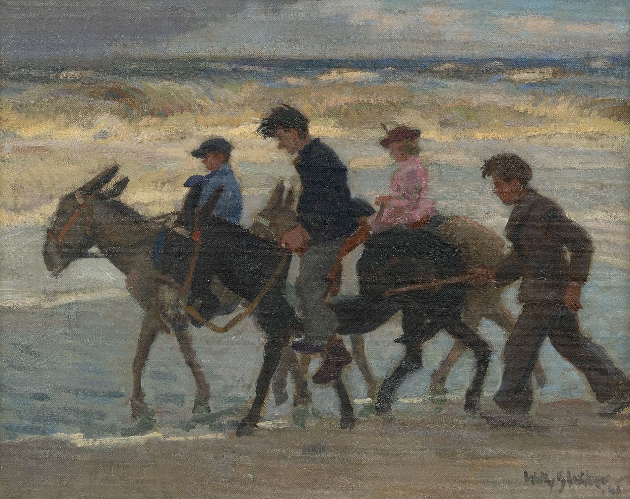 Sluiter J.W. | Jan Willem 'Willy' Sluiter, Ezelrit op het strand, olieverf op doek op paneel 40,1 x 50,3 cm, gesigneerd rechtsonder en gedateerd '48 Sluiter J.W. | Jan Willem 'Willy' Sluiter, Ezelrit op het strand, olieverf op doek op paneel 40,1 x 50,3 cm, gesigneerd rechtsonder en gedateerd '48