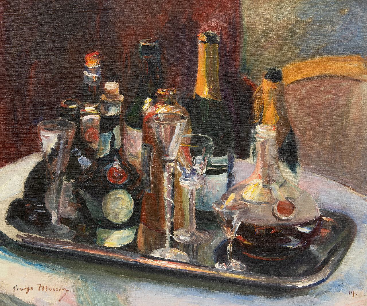 Mosson G.  | Georges 'George' Mosson, Stilleven met Dom Bénédictine likeur, flessen en glazen, olieverf op doek 54,7 x 63,1 cm, gesigneerd linksonder en gedateerd '19