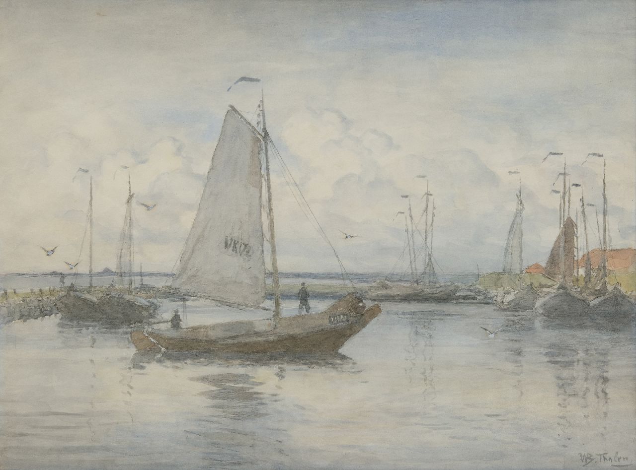 Tholen W.B.  | Willem Bastiaan Tholen, De schokker UK 17 vaart de haven van Urk binnen, aquarel op papier 51,1 x 70,0 cm, gesigneerd rechtsonder