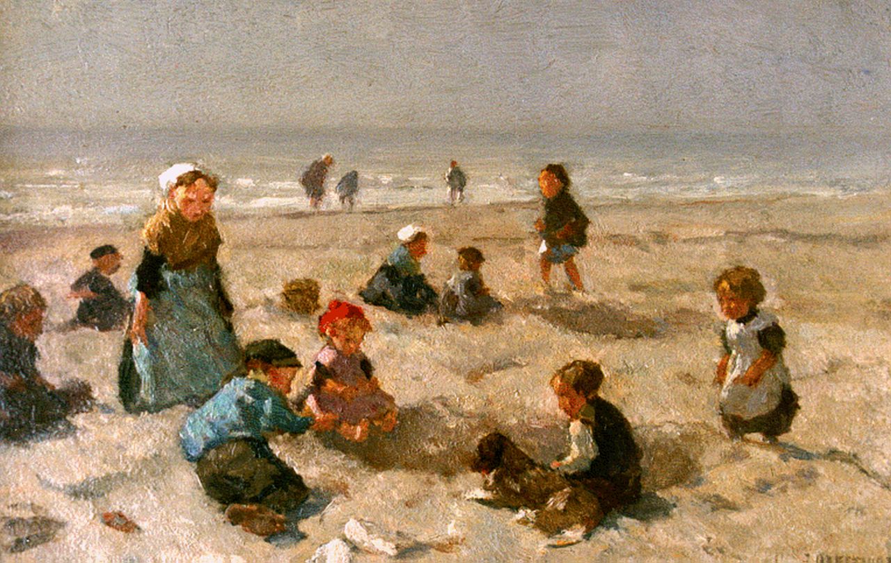 Akkeringa J.E.H. | 'Johannes Evert' Hendrik Akkeringa, Spelende kinderen op het strand, olieverf op paneel 18,0 x 26,8 cm, gesigneerd rechtsonder Akkeringa J.E.H. | 'Johannes Evert' Hendrik Akkeringa, Spelende kinderen op het strand, olieverf op paneel 18,0 x 26,8 cm, gesigneerd rechtsonder