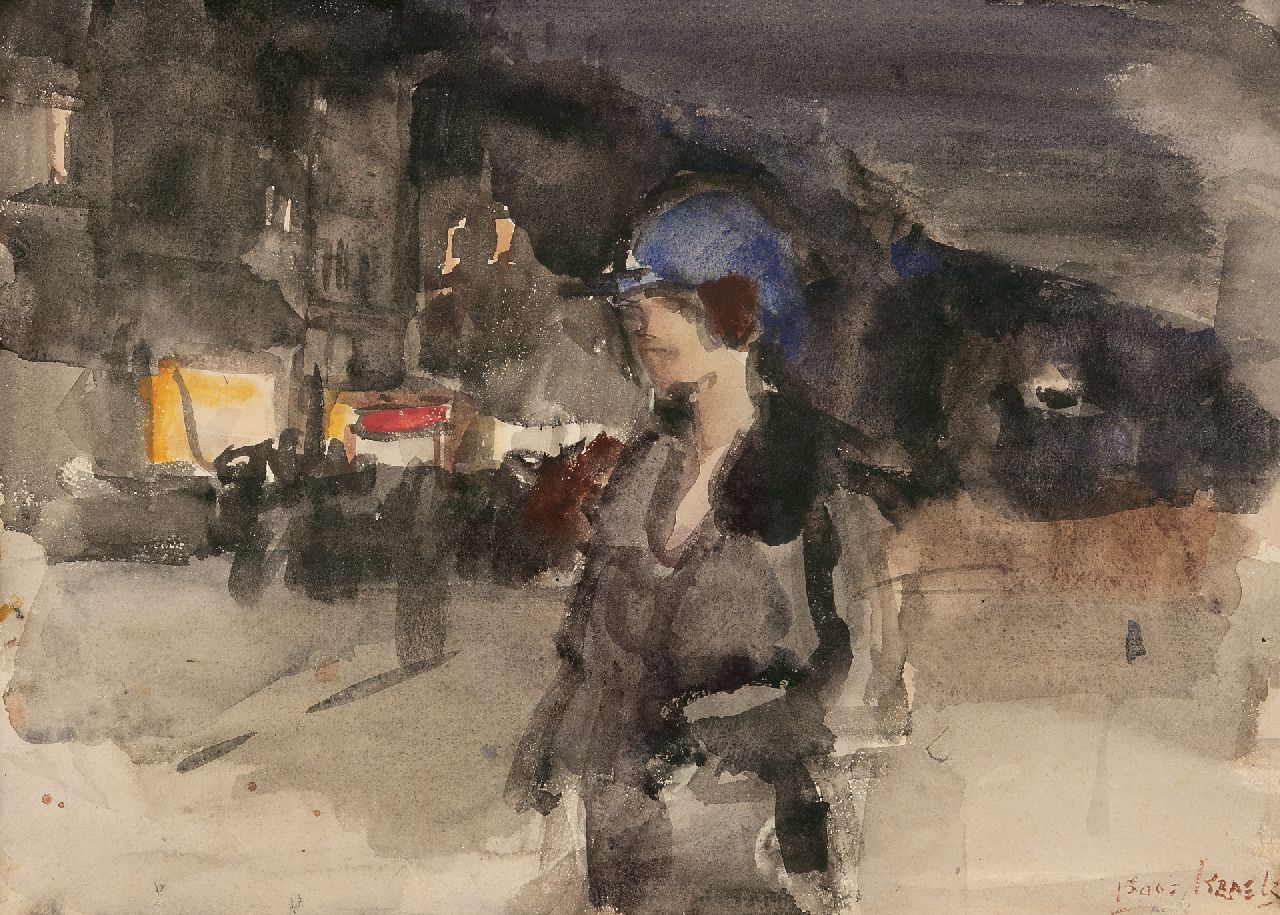 Israels I.L.  | 'Isaac' Lazarus Israels, Vrouw met blauwe hoed in Amsterdamse winkelstraat, bij avond, aquarel op papier 25,5 x 35,4 cm, gesigneerd rechtsonder