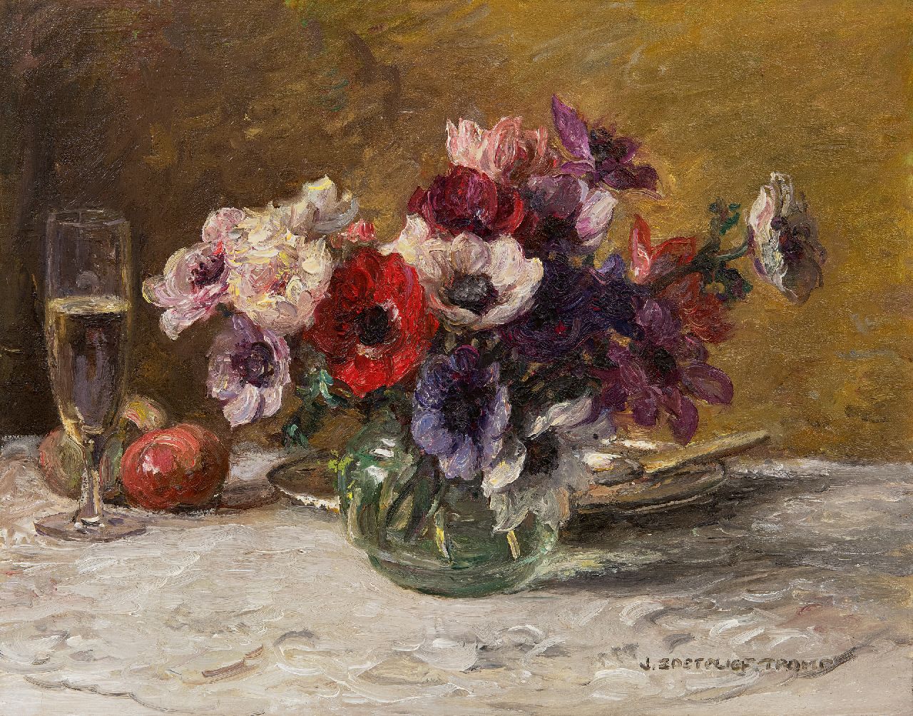Zoetelief Tromp J. | Johannes 'Jan' Zoetelief Tromp, Anemonen met champagneglas, olieverf op doek 40,5 x 50,5 cm, gesigneerd rechtsonder Zoetelief Tromp J. | Johannes 'Jan' Zoetelief Tromp, Anemonen met champagneglas, olieverf op doek 40,5 x 50,5 cm, gesigneerd rechtsonder
